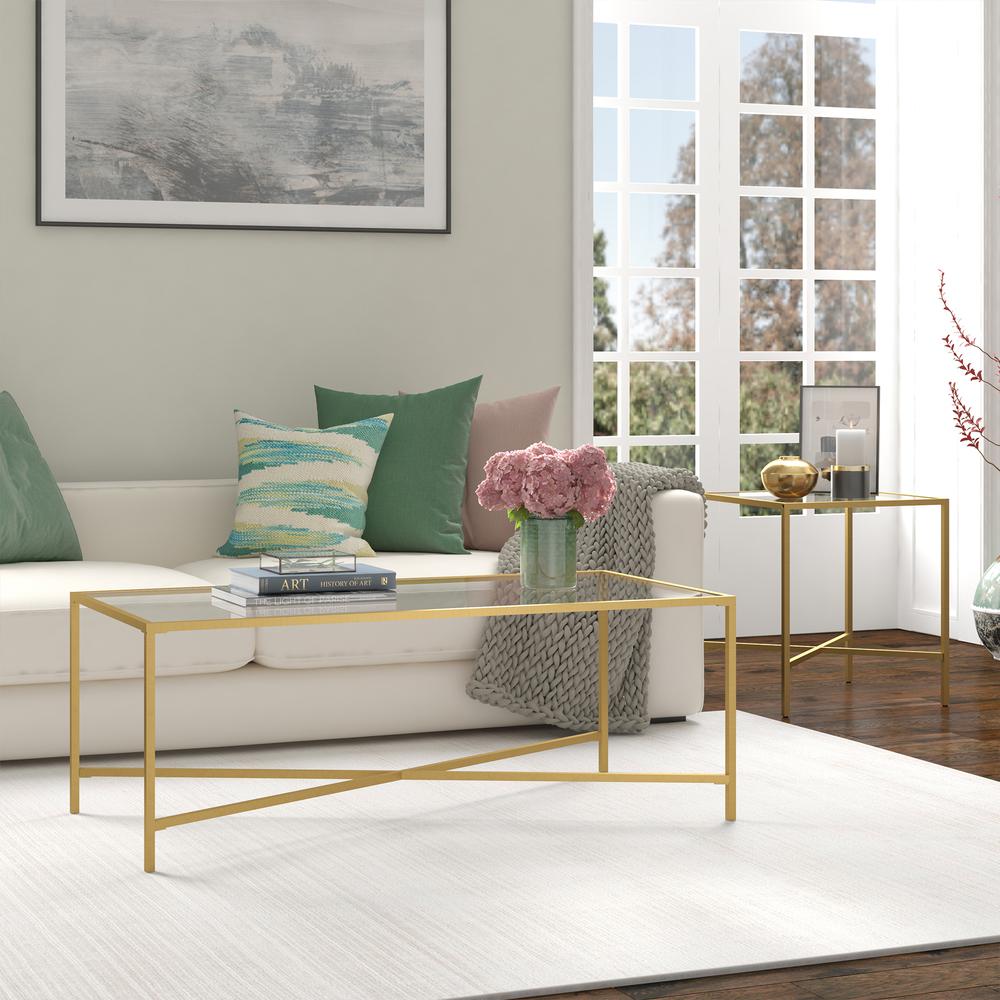 Henley 48'' Wide Rectangular Coffee Table with Glass Top in Brass. Picture 4