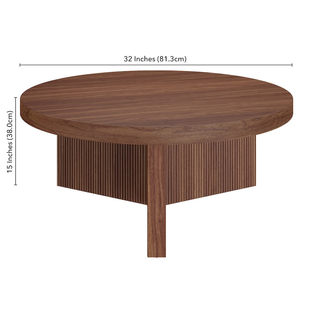 Holm 36" Wide Round Coffee Table in Satin Walnut. Picture 5