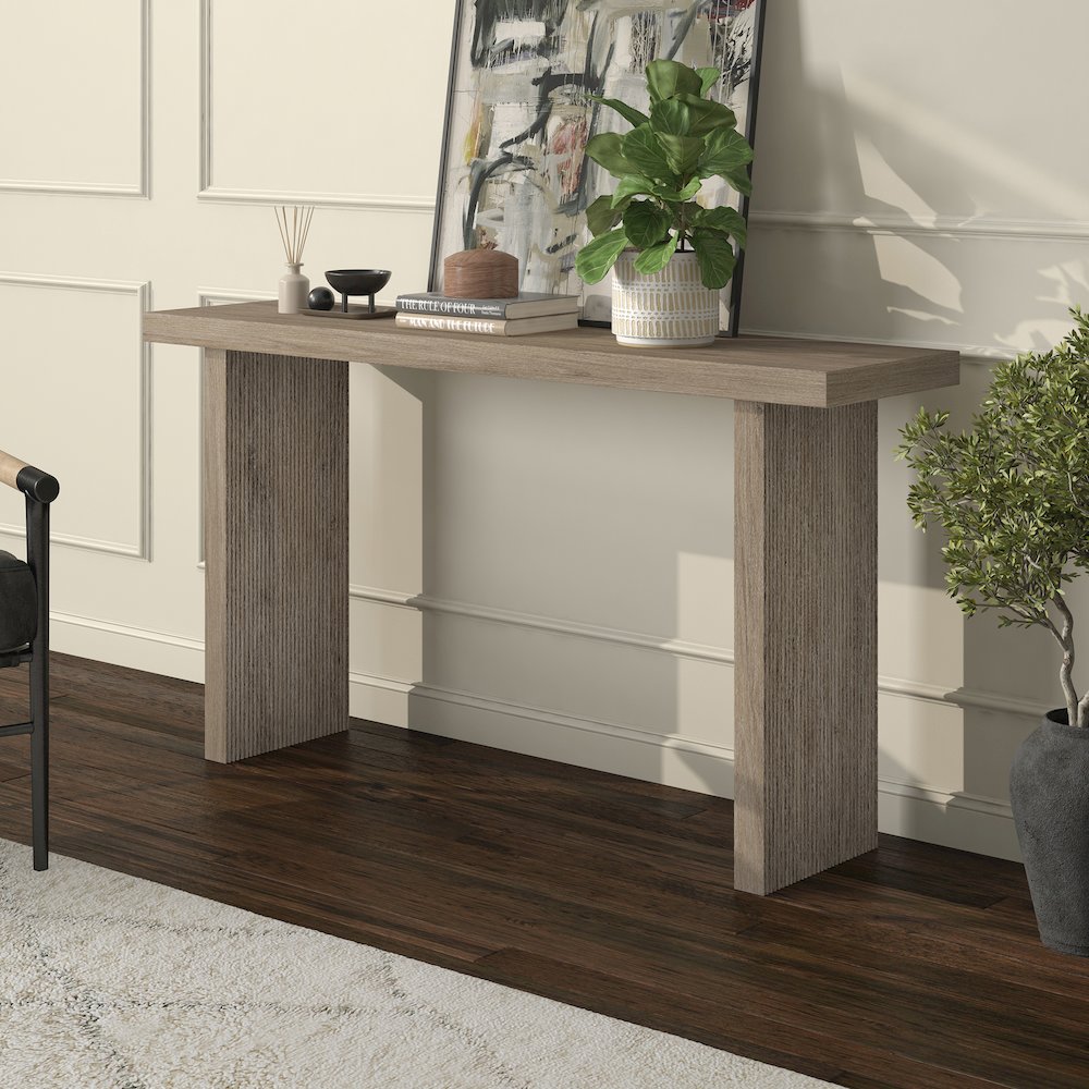 Soren 55" Wide Rectangular Console Table in Antiqued Gray Oak. Picture 3