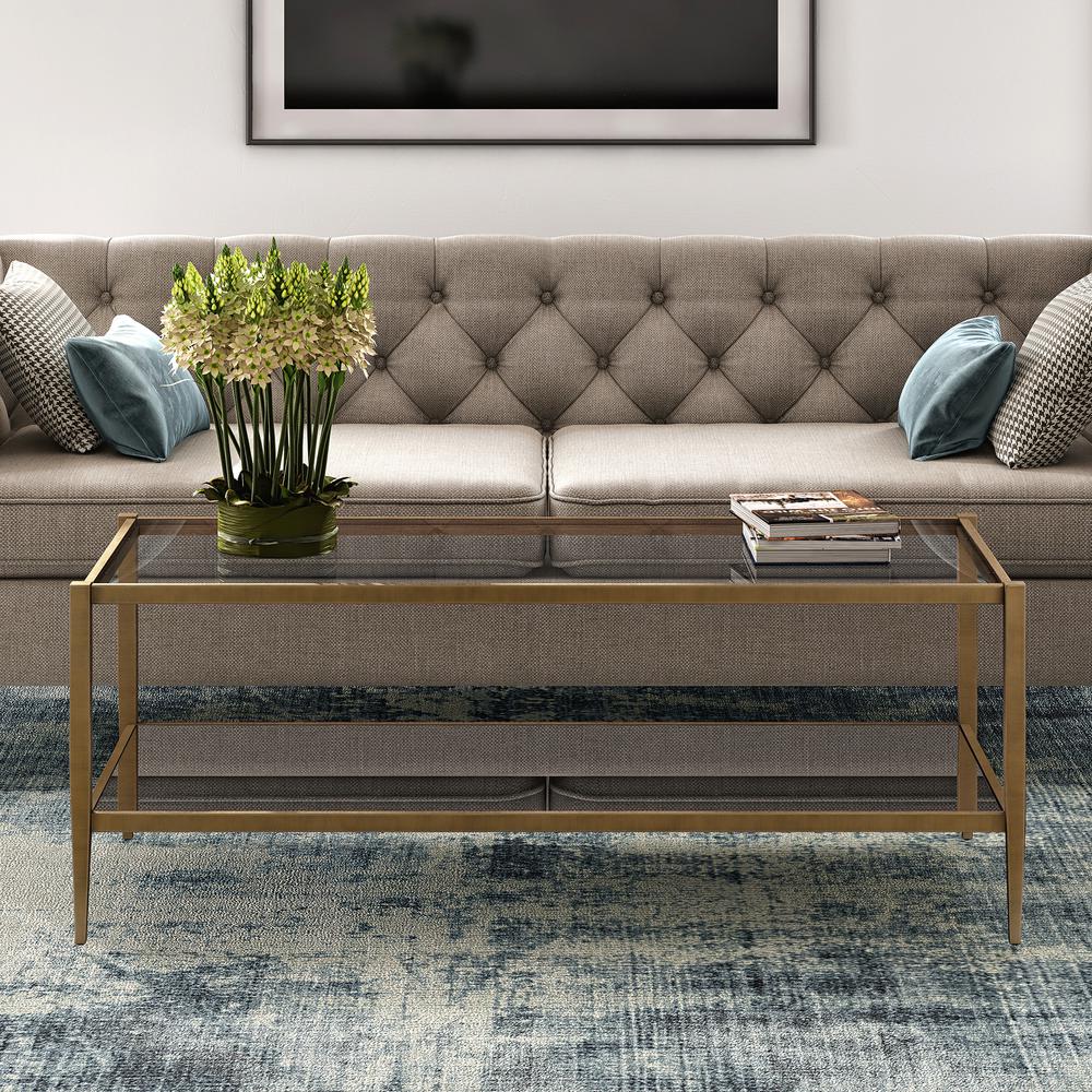 Hera 45'' Wide Rectangular Coffee Table with Glass Shelf in Brass. Picture 2
