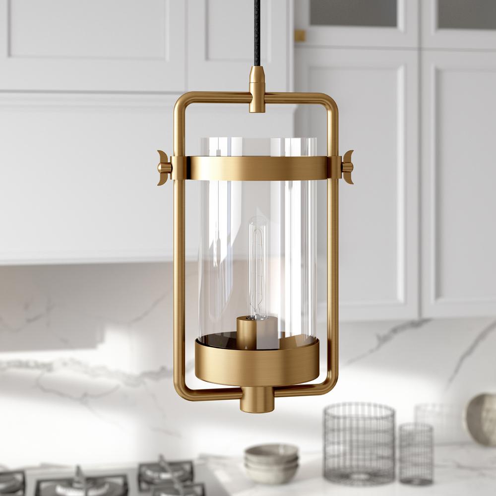 Orion 11" Wide Industrial Pendant with Glass Shade in Brass/Clear. Picture 2