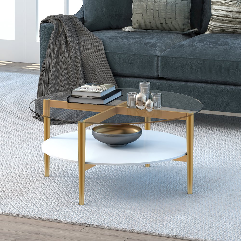 Henn&Hart 36" Round Coffee Table with Glass Top and Open Storage Shelf for. Picture 2
