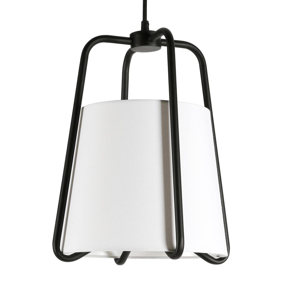 Marduk 11" Wide Pendant with Fabric Shade in Blackened Bronze/White. Picture 3