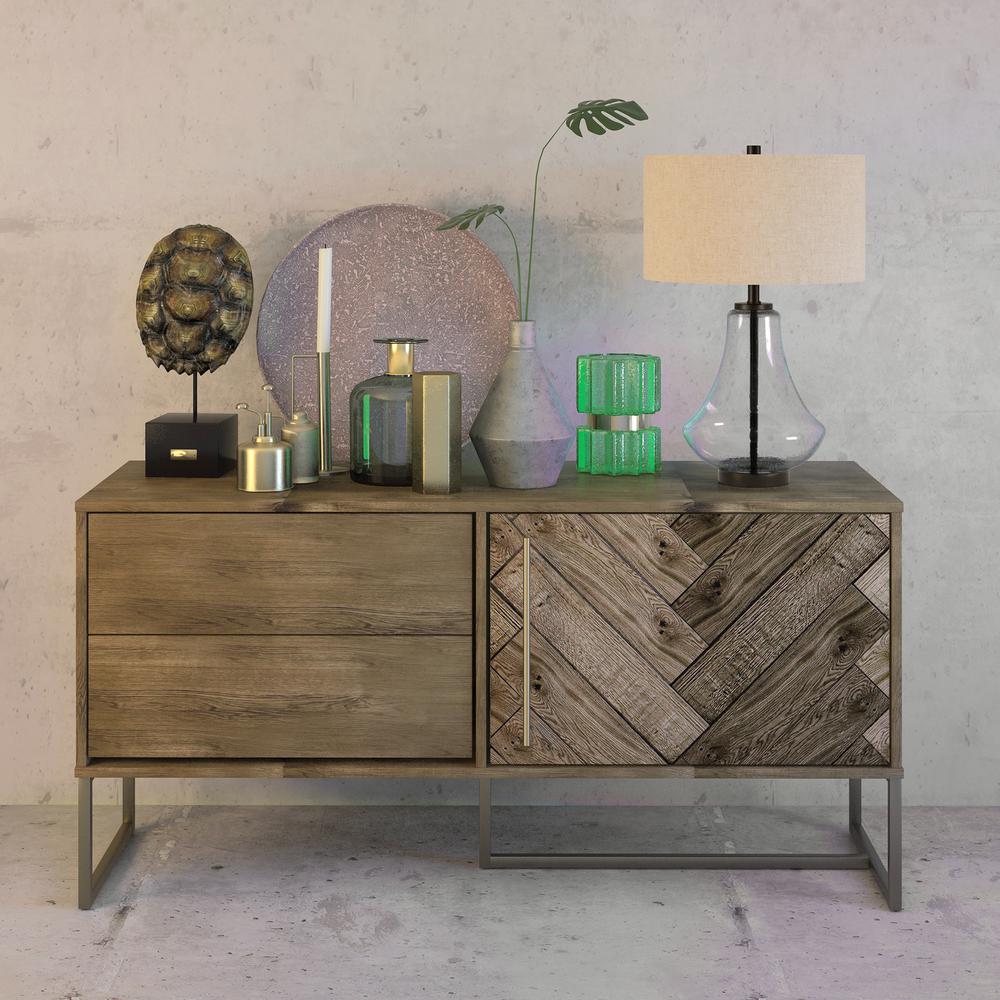 Lagos 23" Tall Table Lamp with Fabric Shade in Seeded Glass/Antique Bronze/Flax. Picture 3