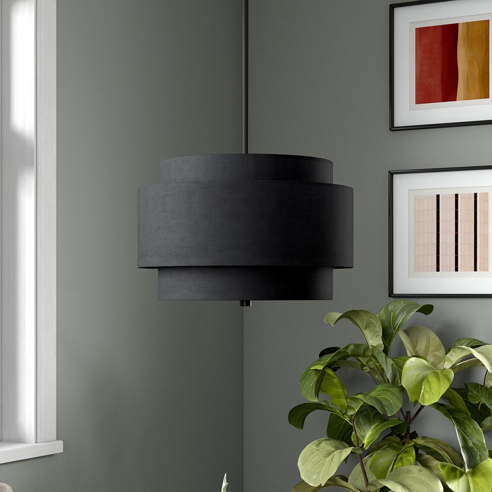 16" Wide 2-Light Pendant with Tiered Fabric Shade in Blackened Bronze/Black. Picture 3