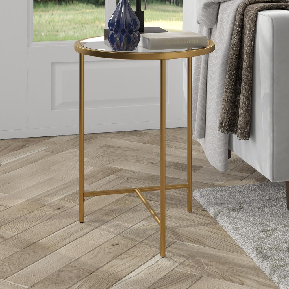 Berenson 18" Wide Round Side Table with Glass Top in Gold. Picture 2