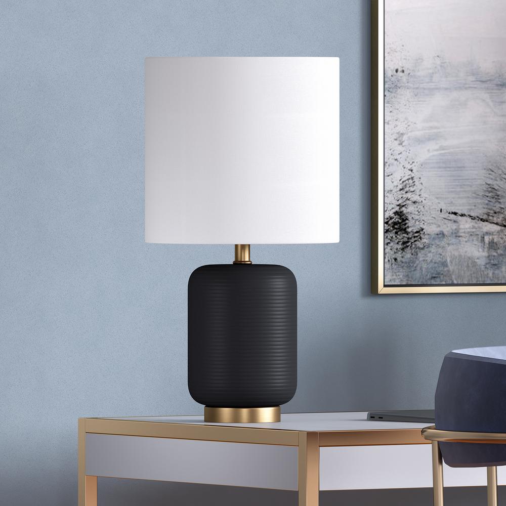 Lambert 15" Tall Ceramic Mini Lamp with Fabric Shade in Matte Black/White. Picture 2