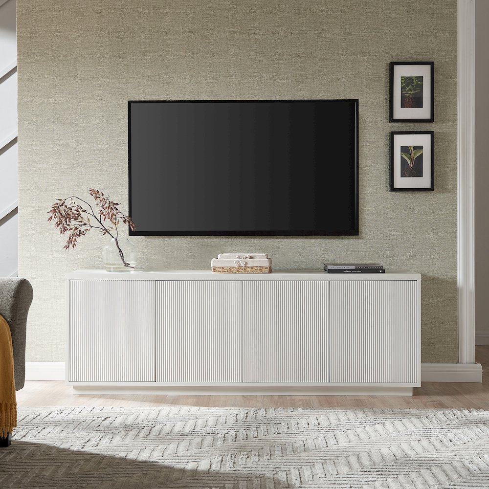 TV Stand for TVs up to 75", 2 Concealed Ribbed Storage Cabinets, Cloud White. Picture 5