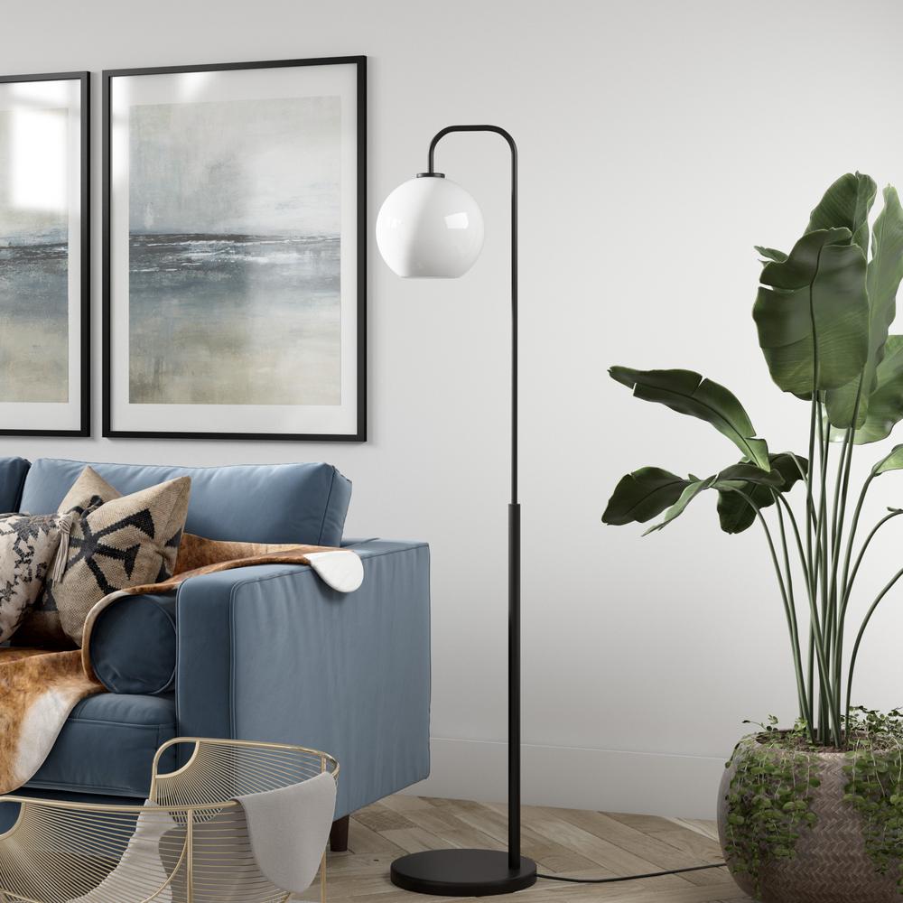 Harrison Arc Floor Lamp with Glass Shade in Blackened Bronze/White Milk. Picture 2