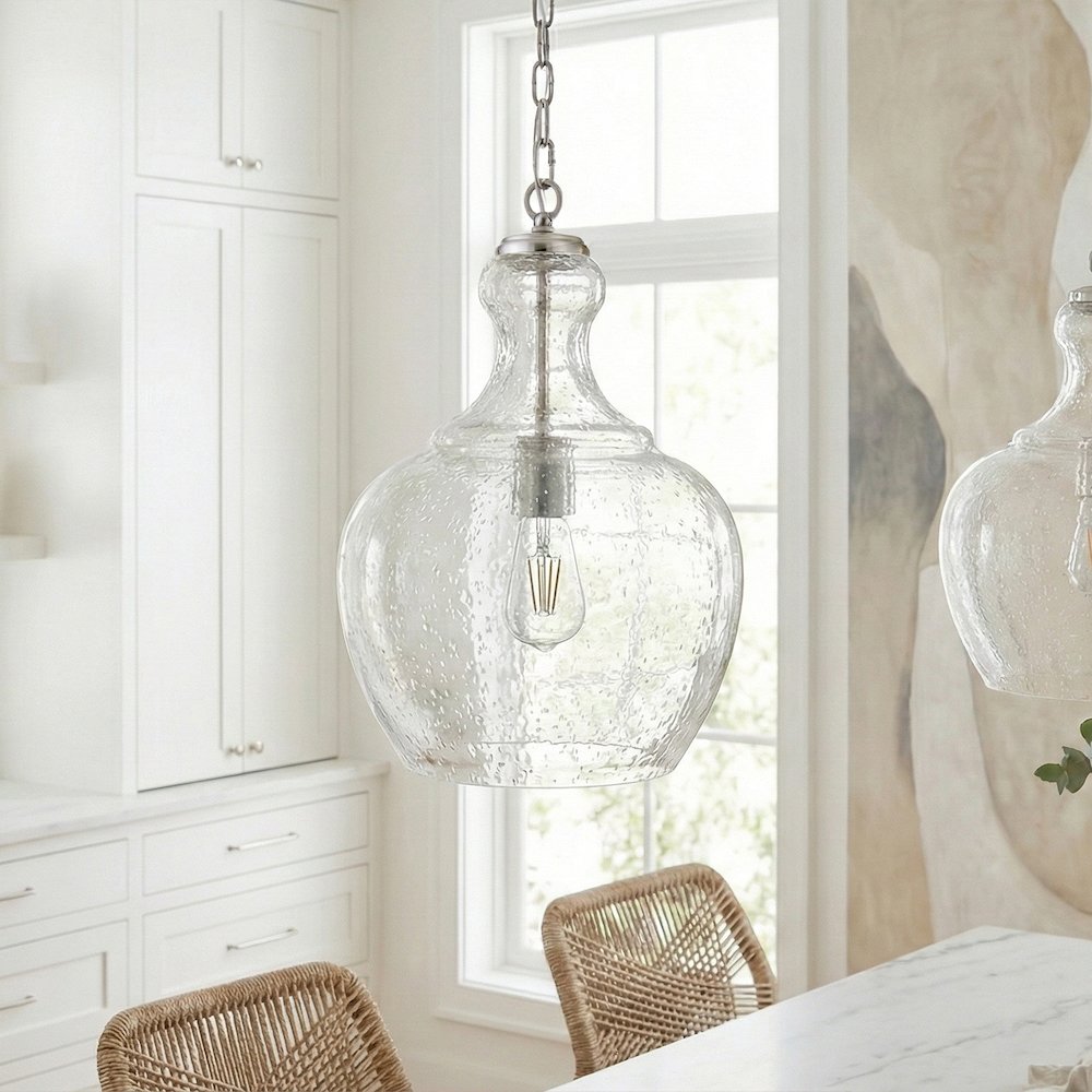 11" Mid-Century Light Fixture, Seeded Glass Shade, 6' Cord, Brushed Silver. Picture 2