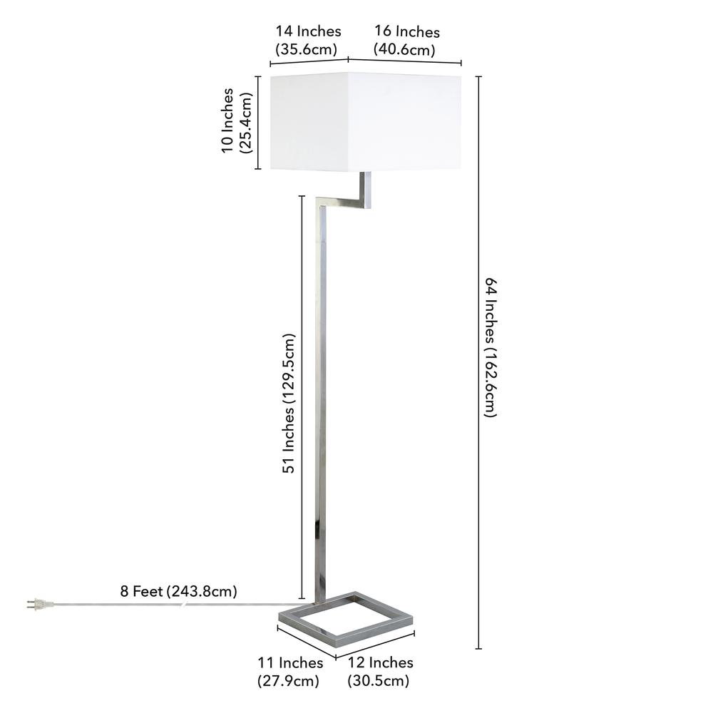 Xavier 64" Tall Floor Lamp with Fabric Shade in Polished Nickel/White. Picture 5