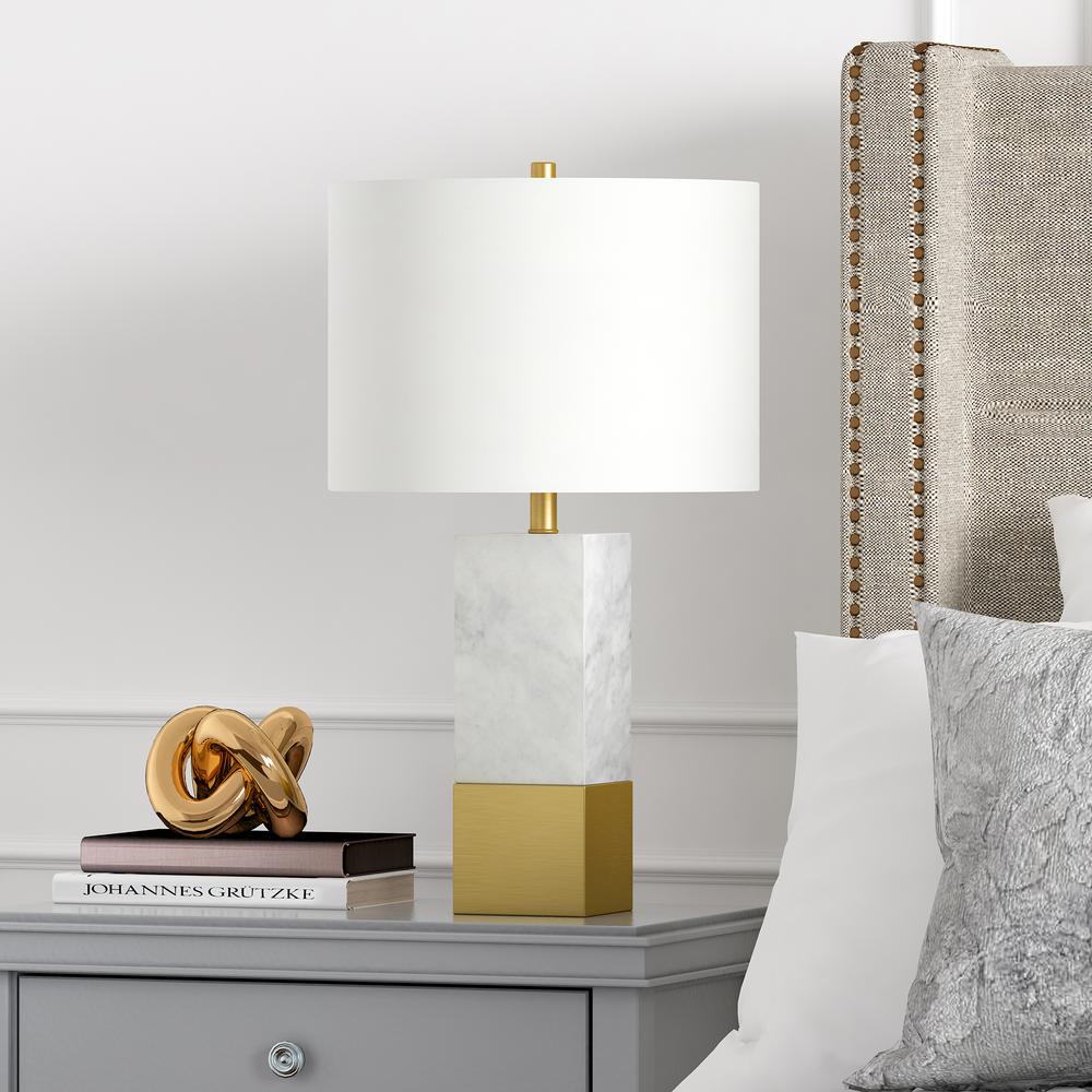 Lena 21.5" Tall Table Lamp with Fabric Shade in Marble and Brass/White. Picture 2