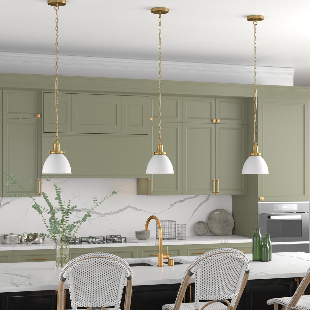 Elodie 8" Wide Pendant with Metal Shade in Matte White/Brass/Matte White. Picture 4