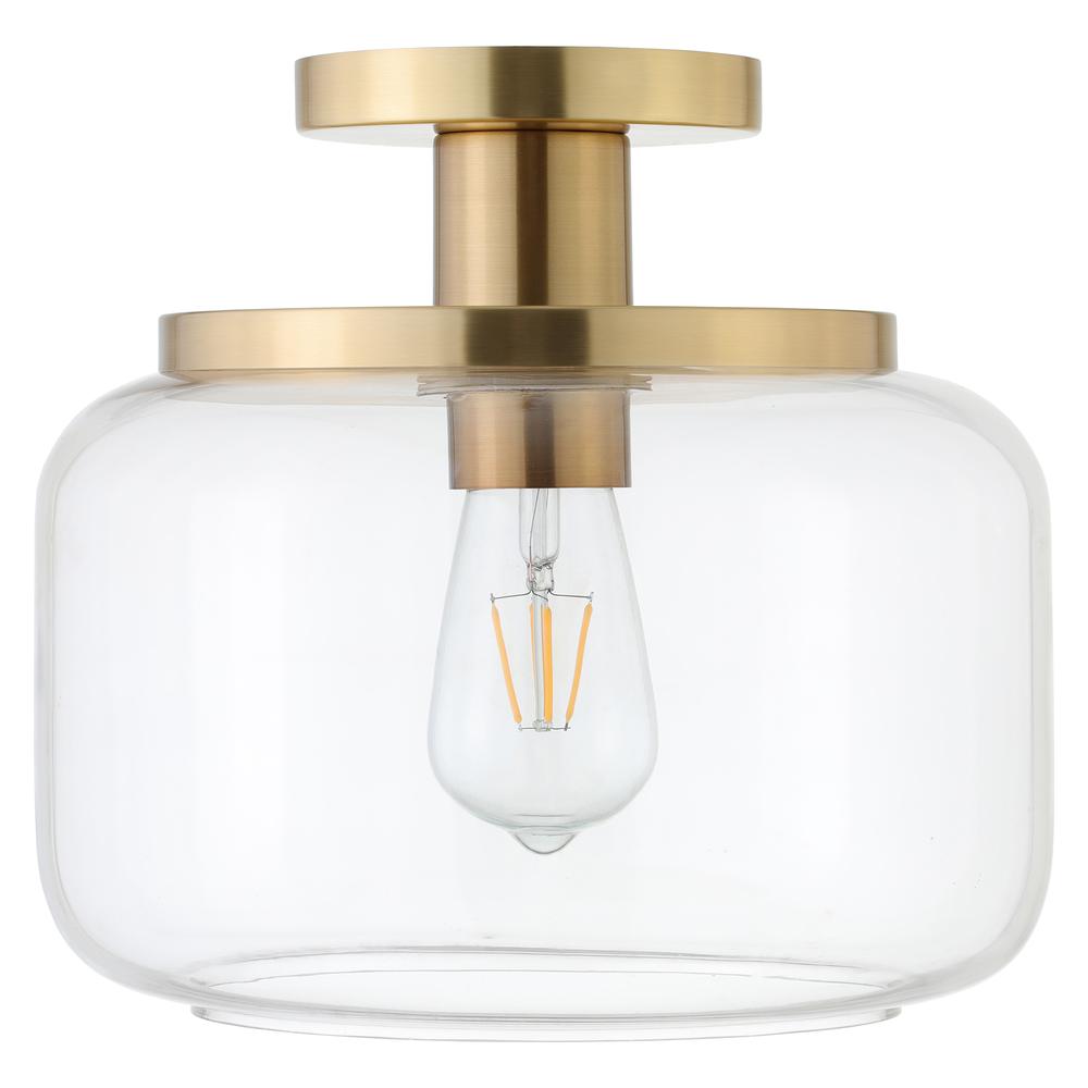 Tatum 11" Wide Semi Flush Mount with Glass Shade in Brushed Brass/Clear. Picture 1