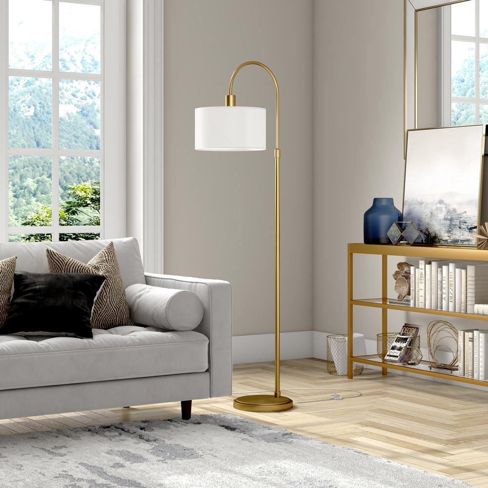 Veronica Arc Floor Lamp with Fabric Shade in Brass/White. Picture 3