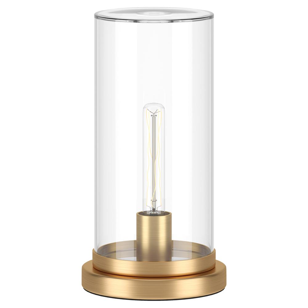 Perabo 13" Tall Uplight Mini Lamp with Glass Shade in Brushed Brass/Clear. Picture 1