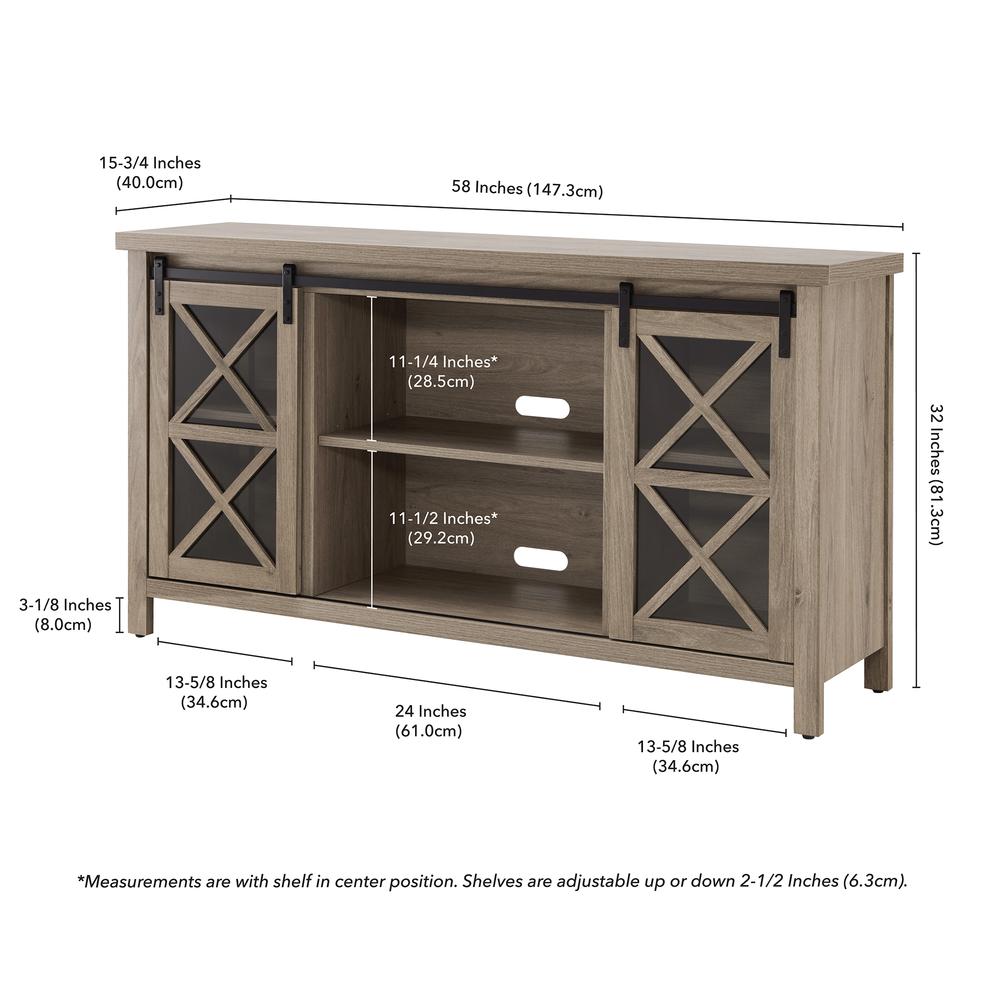 Clementine Rectangular TV Stand for TV's up to 65" in Antiqued Gray Oak. Picture 5