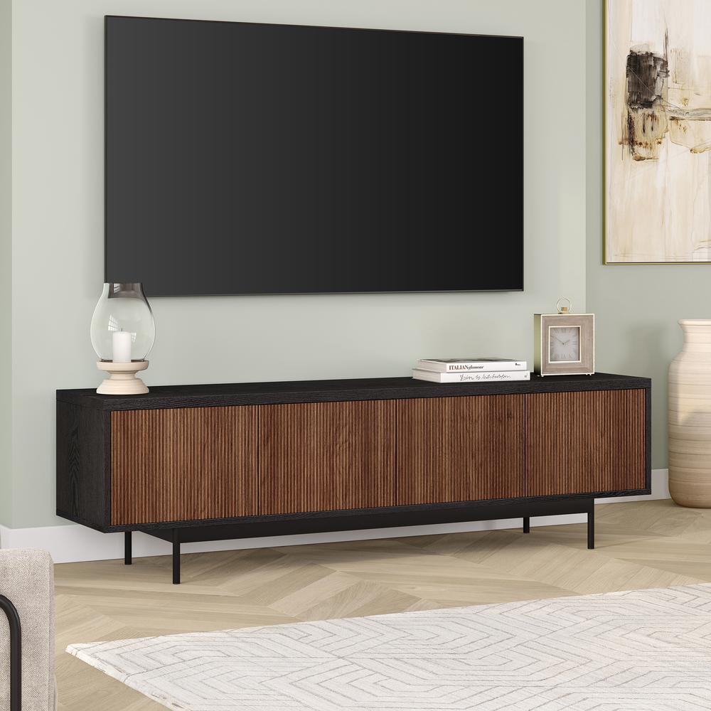 Whitman Rectangular TV Stand for TV's up to 75" in Black Grain/Satin Walnut. Picture 5