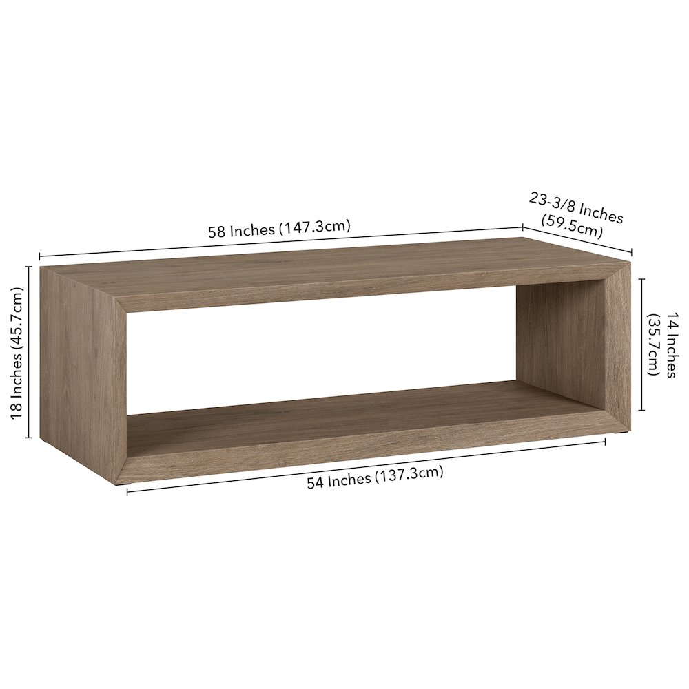 58" Rectangular Coffee Table with Open Storage Shelf, Weathered Gray. Picture 7