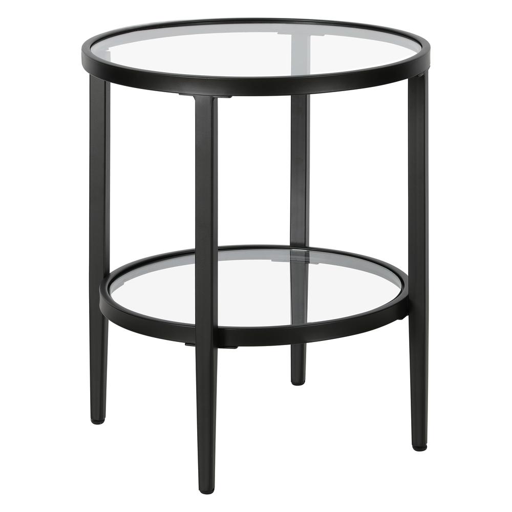 Hera 19.63'' Wide Round Side Table with Clear Glass Shelf in Blackened Bronze. Picture 1