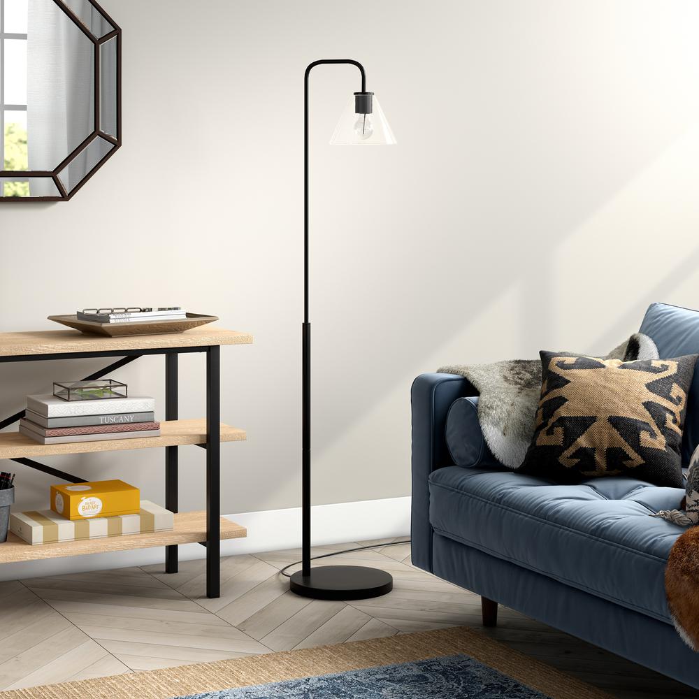 Henderson Arc Floor Lamp with Glass Shade in Blackened Bronze/Clear. Picture 3