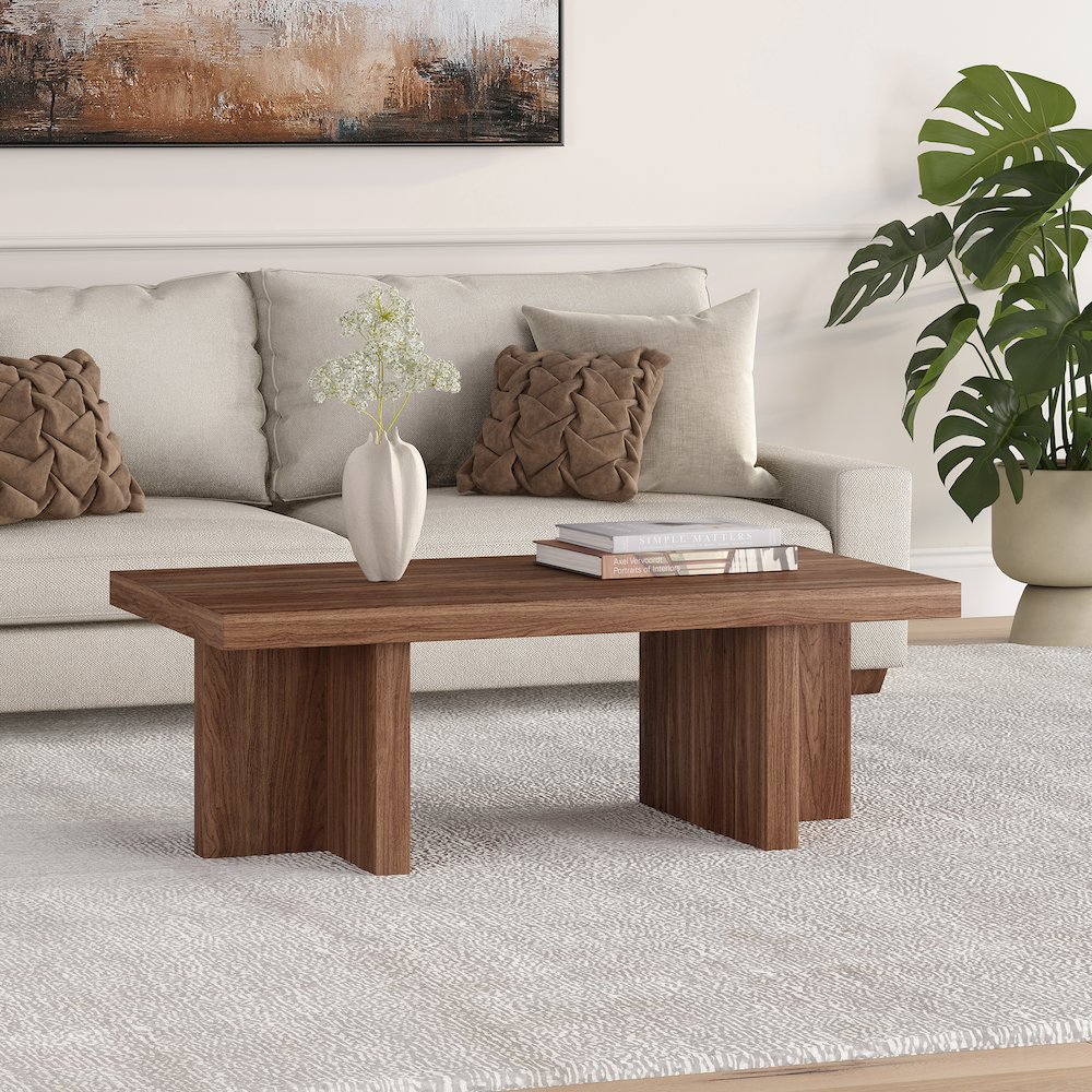 Dimitra 44" Wide Rectangular Coffee Table in Satin Walnut. Picture 3