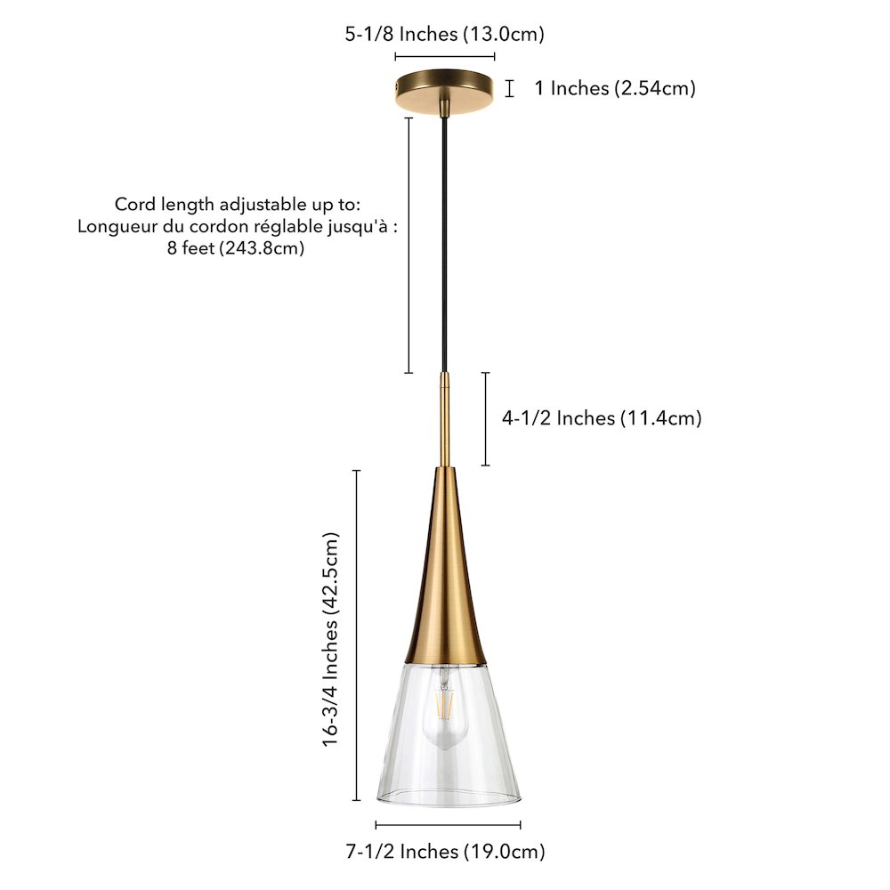 7'' Modern Pendant Light Fixture with Clear Glass Cone Shade and 8' Cord, Gold. Picture 6