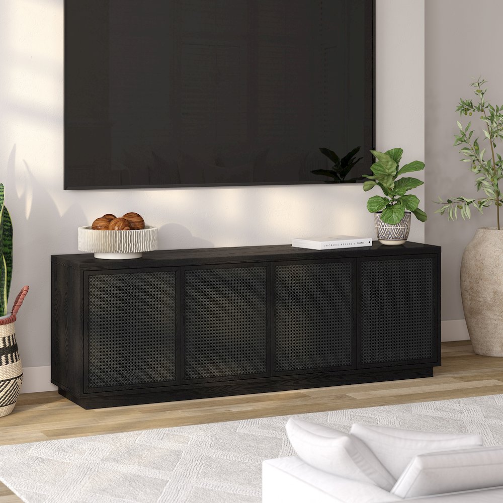 Pryce Rectangular TV Stand for TV's up to 78" in Black Grain/Black Rattan. Picture 4