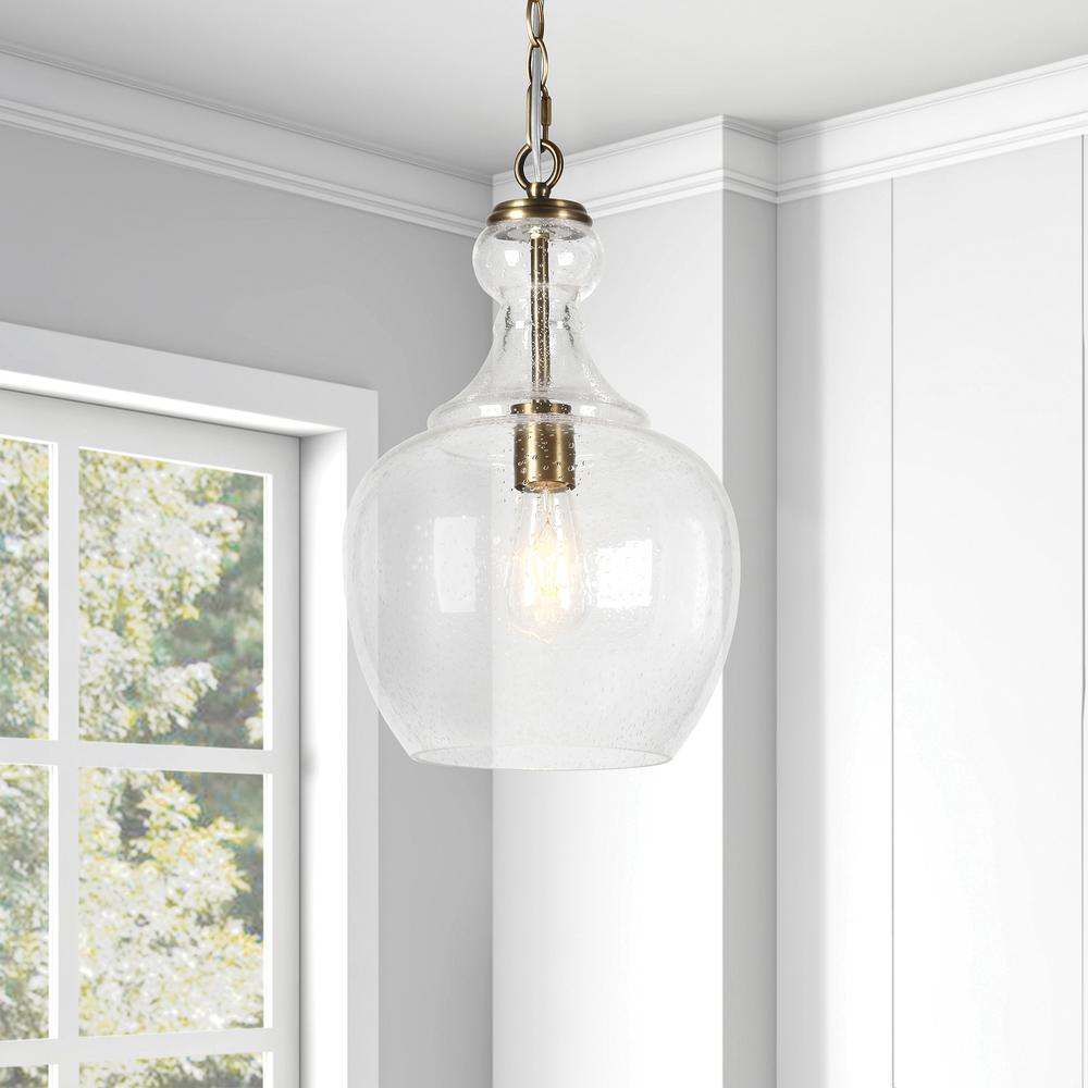 Verona 11" Wide Pendant with Glass Shade in Brass/Seeded. Picture 2