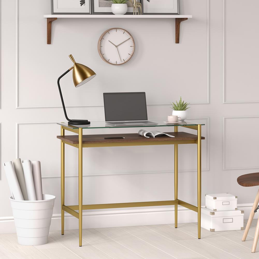Eaton 36'' Wide Rectangular Desk in Brass/Walnut. Picture 4