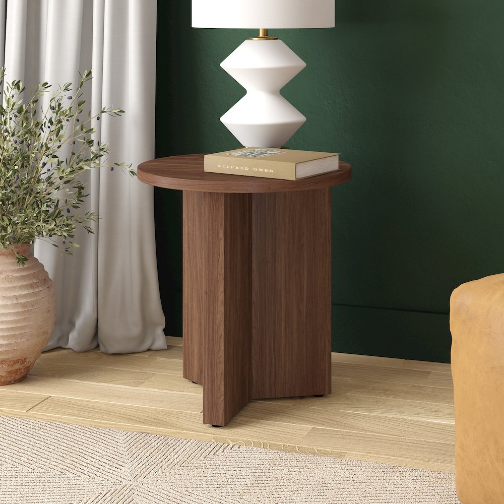 Anders 20" Wide Round Side Table in Satin Walnut. Picture 3