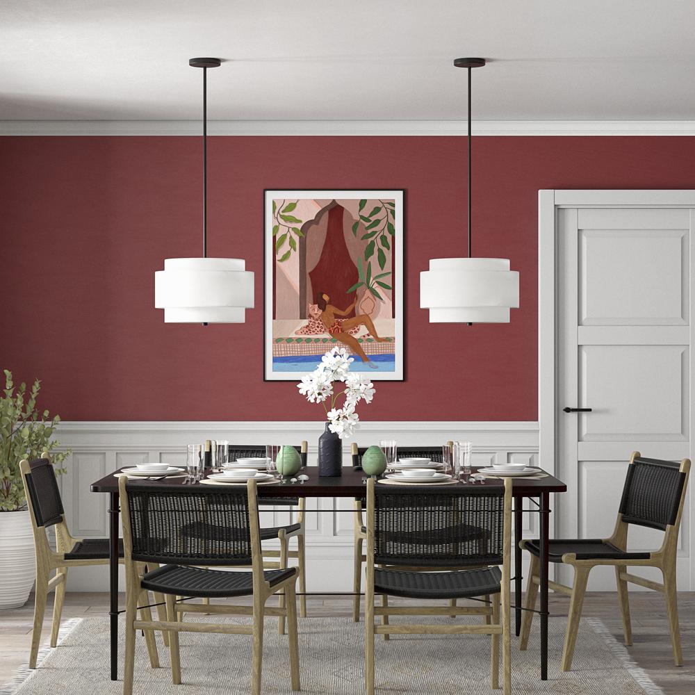 16" Wide 2-Light Pendant with Tiered Fabric Shade in Blackened Bronze/White. Picture 4
