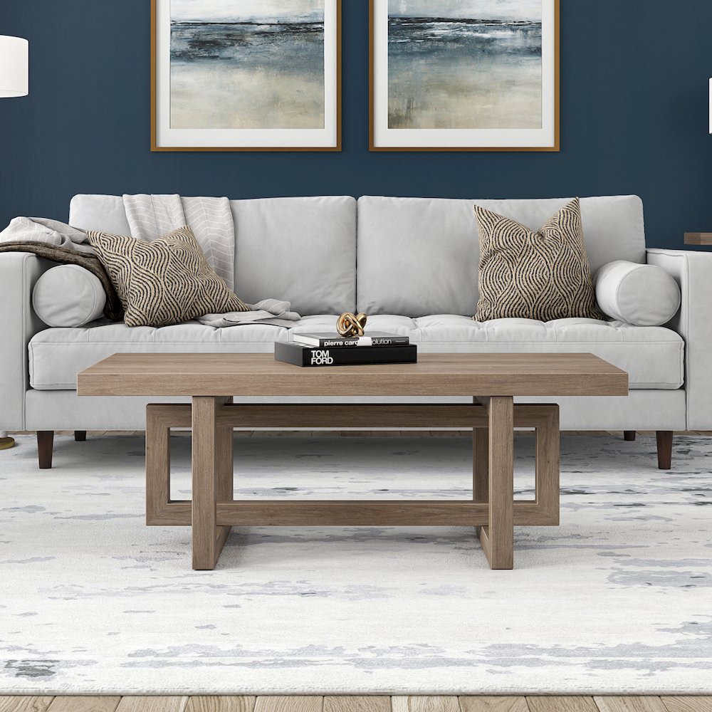 Breslow 47" Wide Rectangular Coffee Table in Antiqued Gray Oak. Picture 3