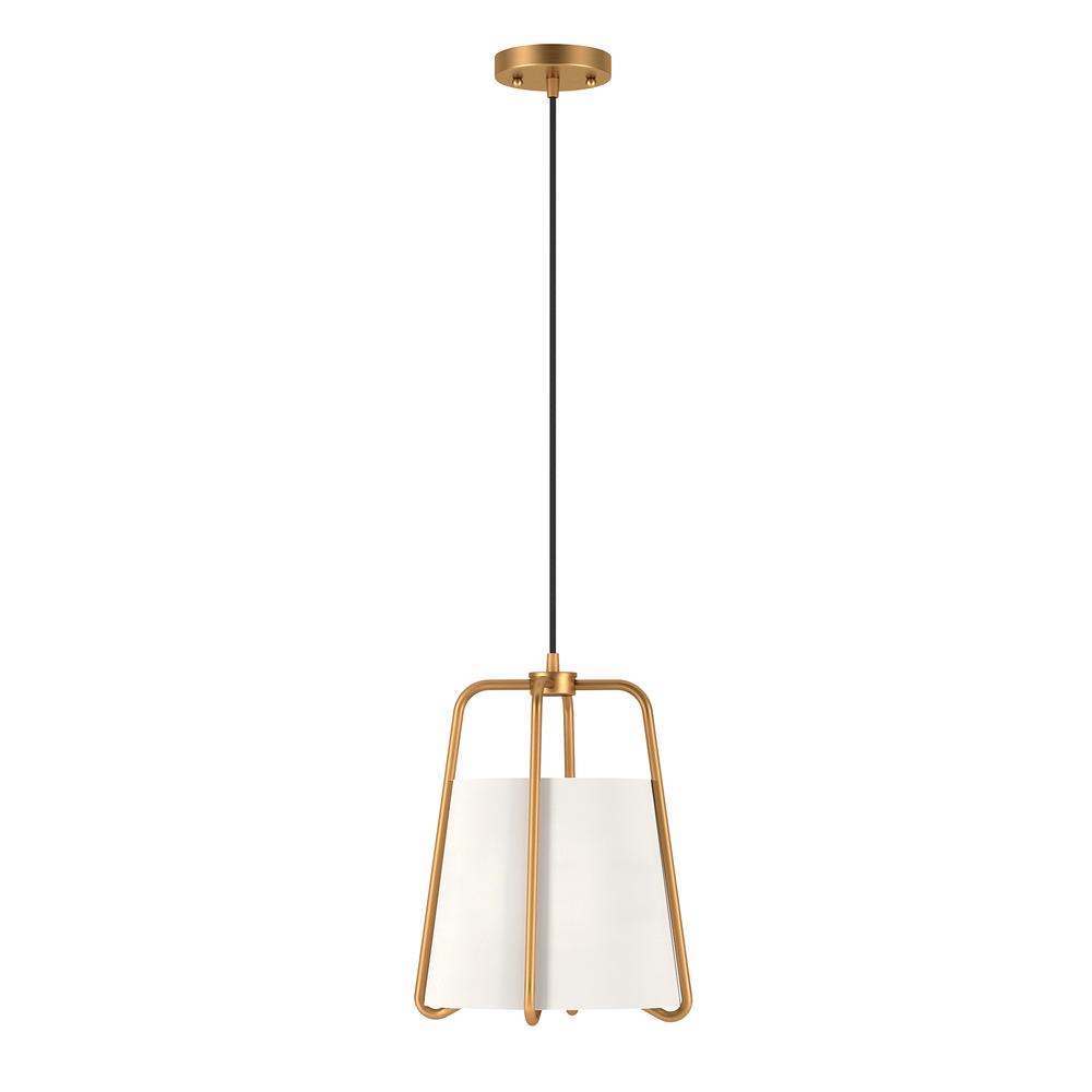 Marduk 11" Wide Pendant with Fabric Shade in Brass/White. Picture 1