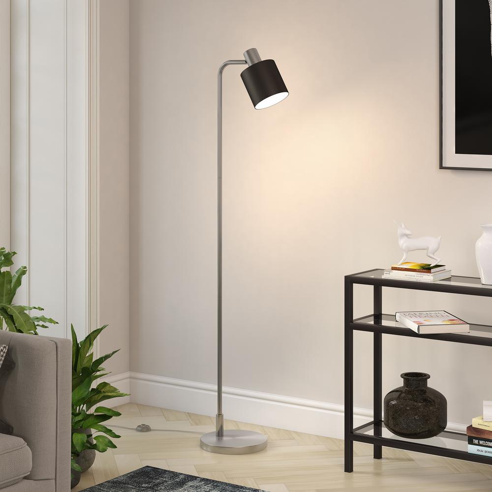 Thew 65" Tall Floor Lamp with Metal Shade in Nickel/Black. Picture 3
