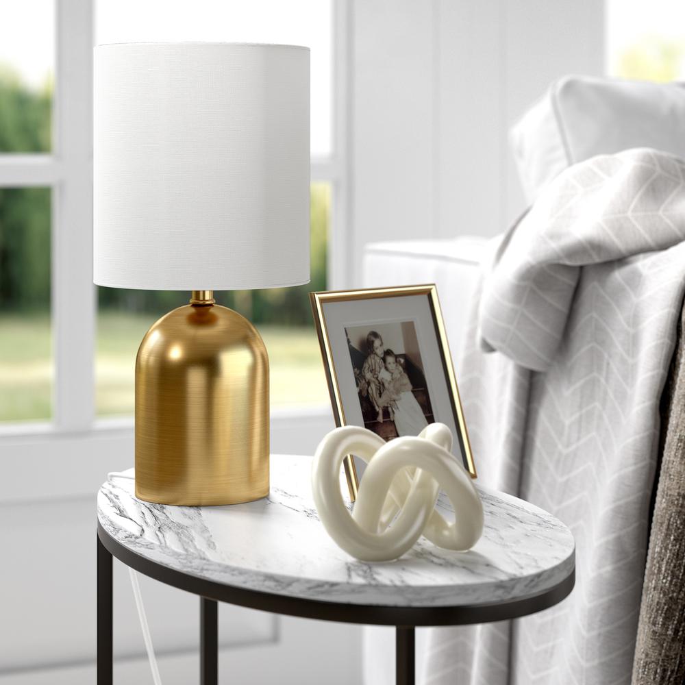 Talbot 13.25" Tall Mini Lamp with Fabric Shade in Brass/White. Picture 3
