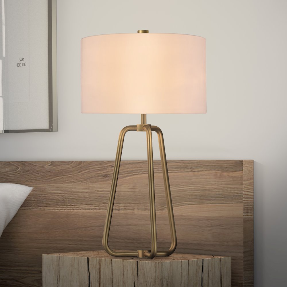 25" Mid-Century Modern 1-Light Table Lamp with White Fabric Drum Shade, Gold. Picture 6