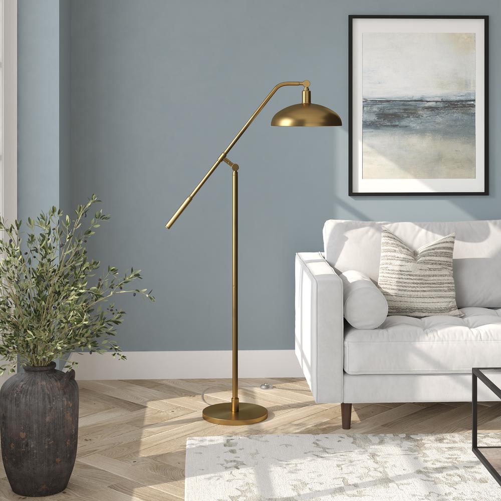 Devon Boom Arm Floor Lamp with Metal Shade in Brass/Brass. Picture 3