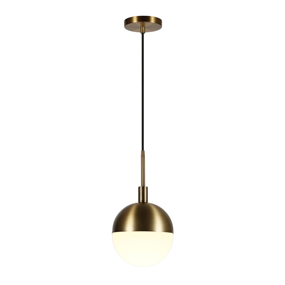 Orb 8" Wide Small Pendant with Glass Shade in Brass/White Milk. Picture 3