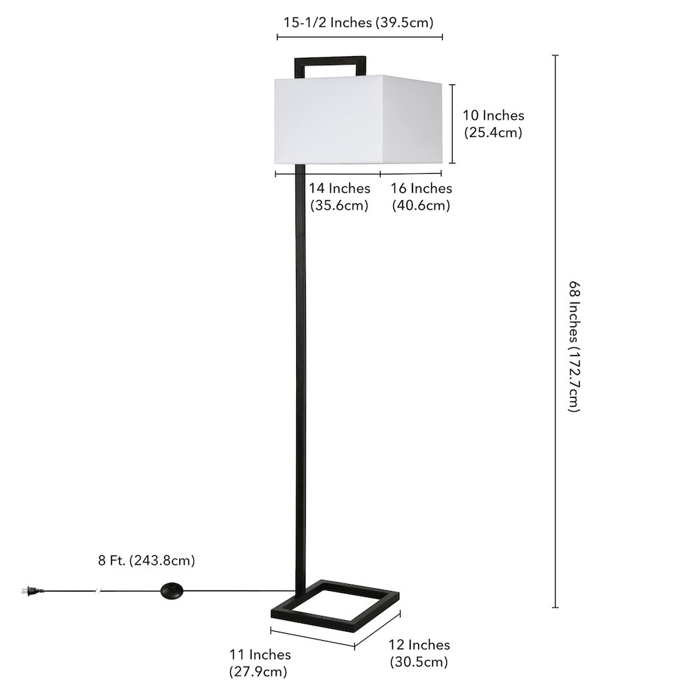 68" Traditional 1-Light Floor Lamp with White Fabric Rectangle Shade, Black. Picture 10