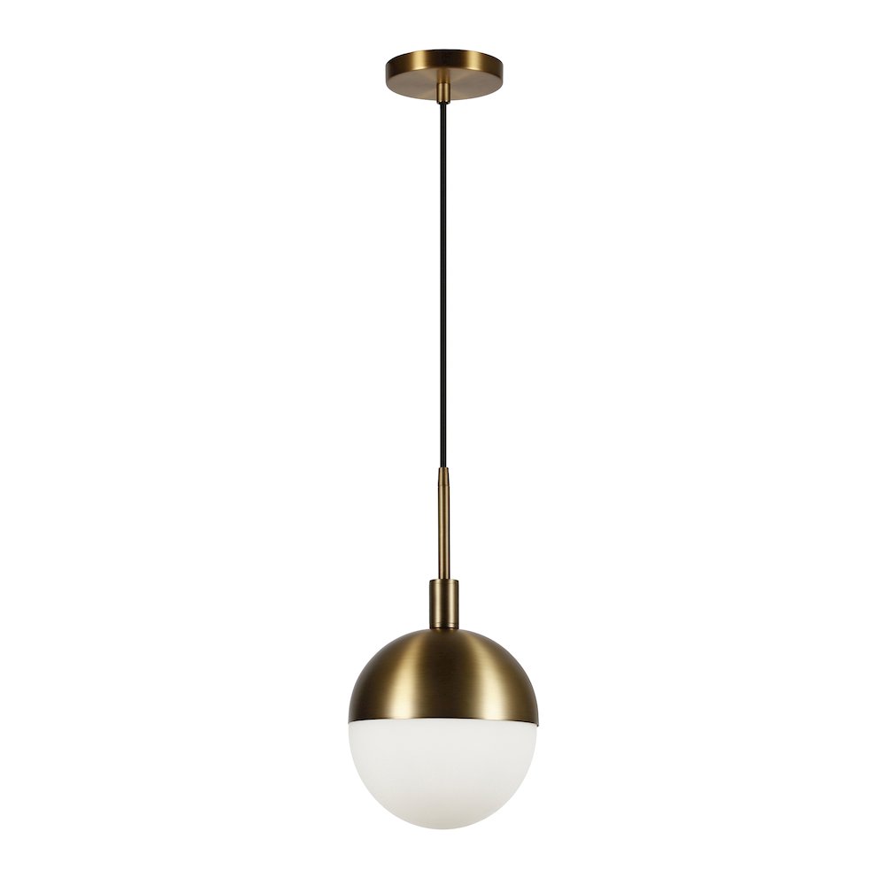 8" Pendant Light Fixture with White Milk Glass Globe Shade and 8' Cord, Gold. Picture 1