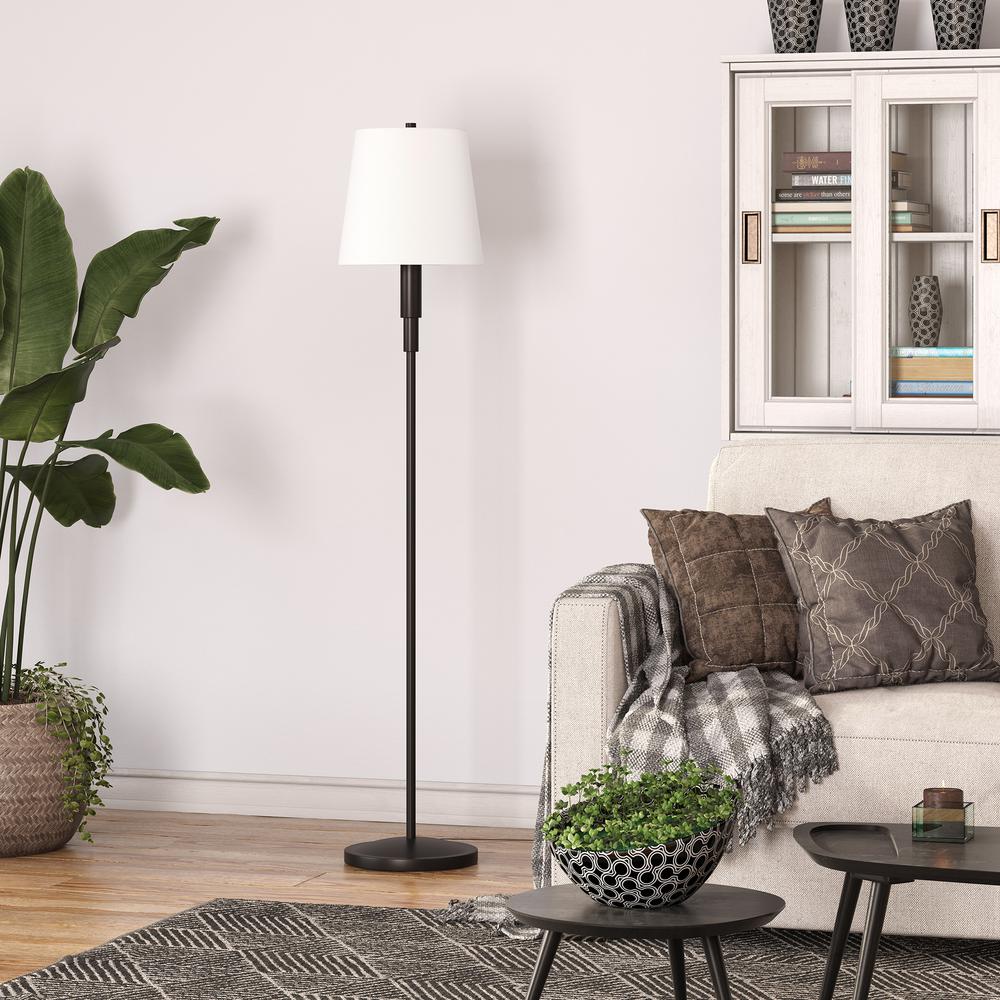 Emerson 60" Tall Floor Lamp with Fabric Shade in Blackened Bronze/White. Picture 4