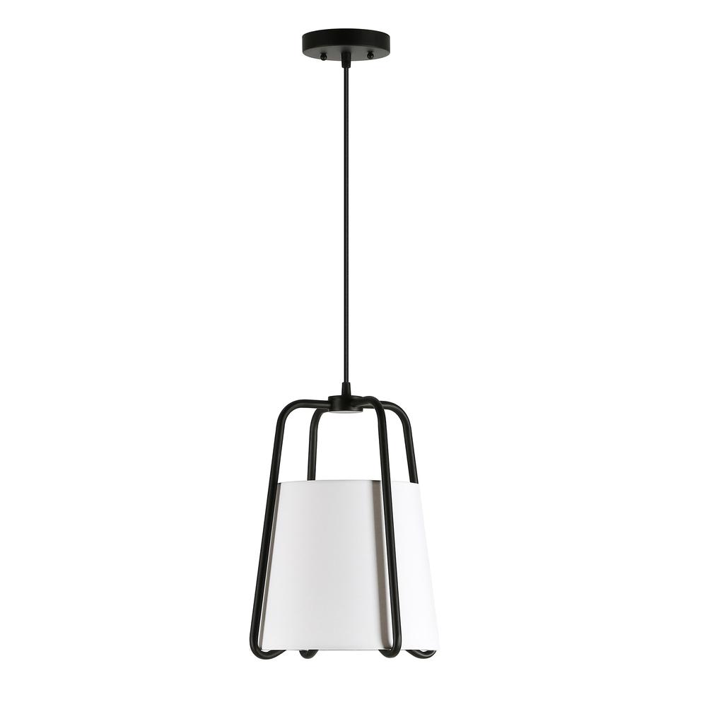 Marduk 11" Wide Pendant with Fabric Shade in Blackened Bronze/White. Picture 1