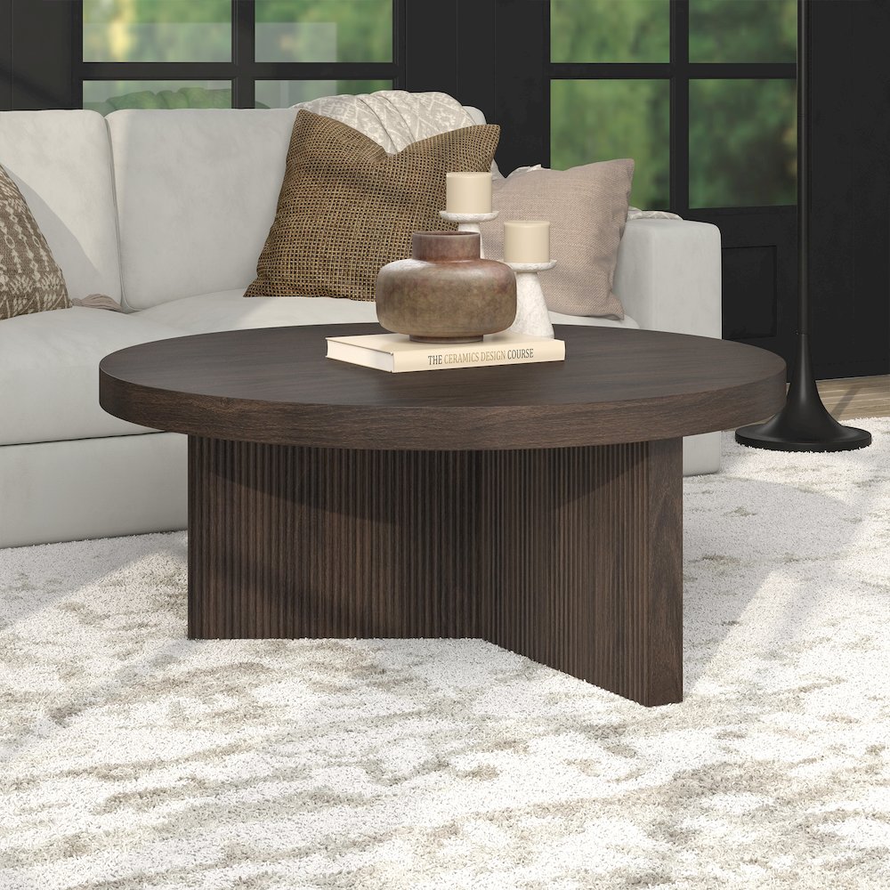Holm 36" Wide Round Coffee Table in Alder Brown. Picture 4