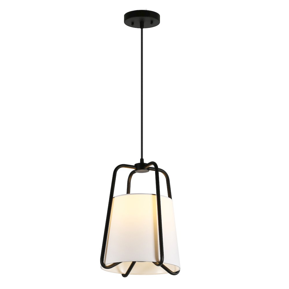 11" Mid-Century Pendant Light Fixture with White Fabric Shade and 8' Cord, Black. Picture 5