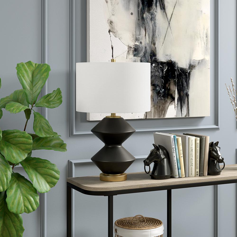 Caserta 22.75" Tall Double Gourd Lamp with Fabric Shade in Matte Black/Brass/White. Picture 4
