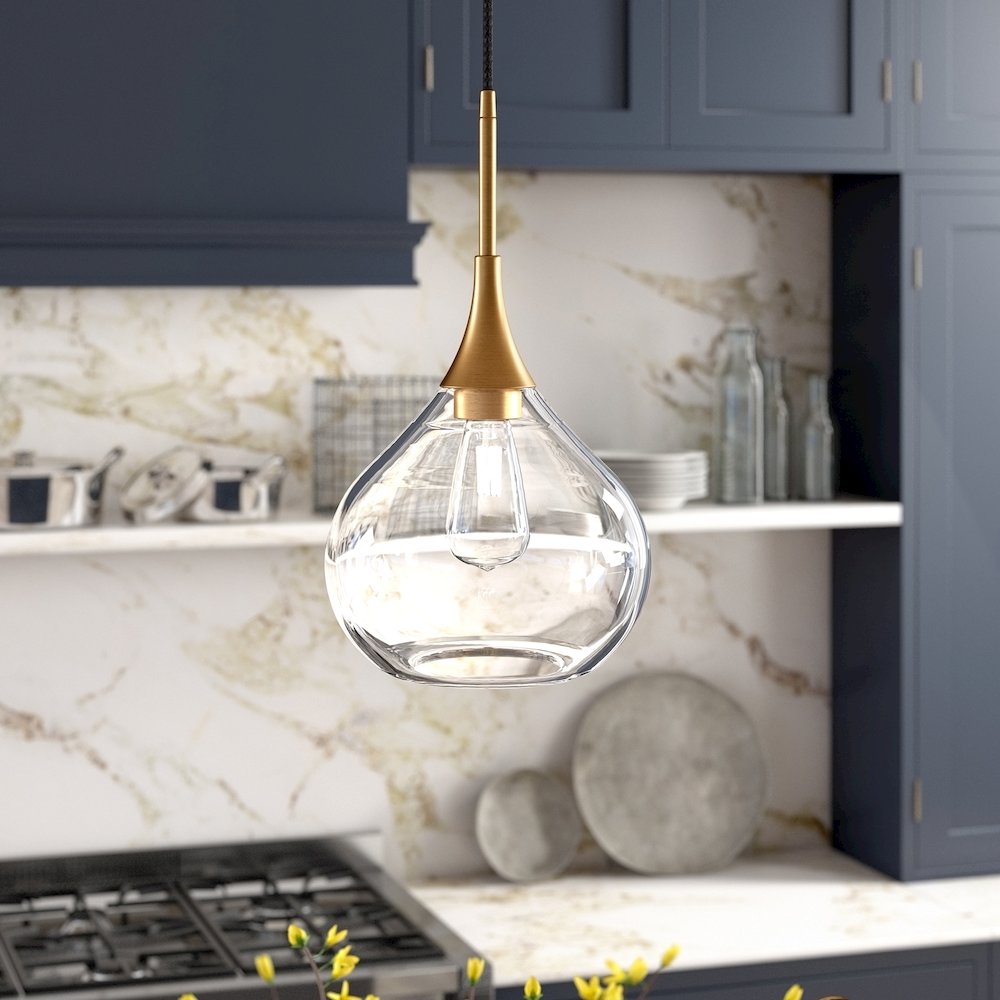 9" Mid-Century Pendant Light Fixture with Clear Glass Shade and 8' Cord, Gold. Picture 5