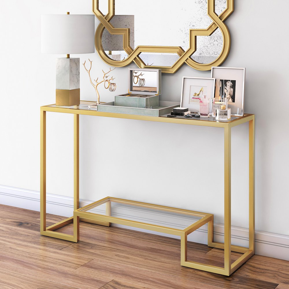 47'' Glass Rectangular Console Table Entryway, Sofa Table with Glass Shelf, Gold. Picture 6