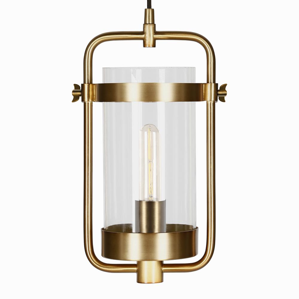 Orion 11" Wide Industrial Pendant with Glass Shade in Brass/Clear. Picture 3