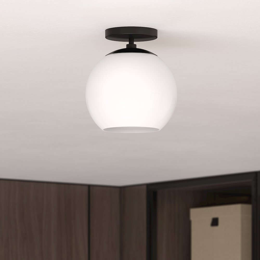 9" Semi-Flush Mount Ceiling Light Fixture with White Glass Shade, Flat Black. Picture 2